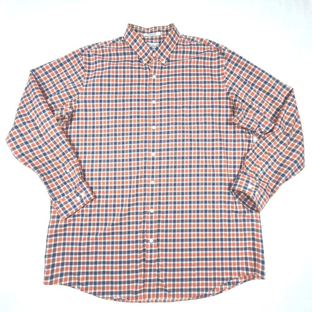 LL Bean Button Down Mens XL Tall Orange Blue Gingham Wrinkle Free Shirt 288293